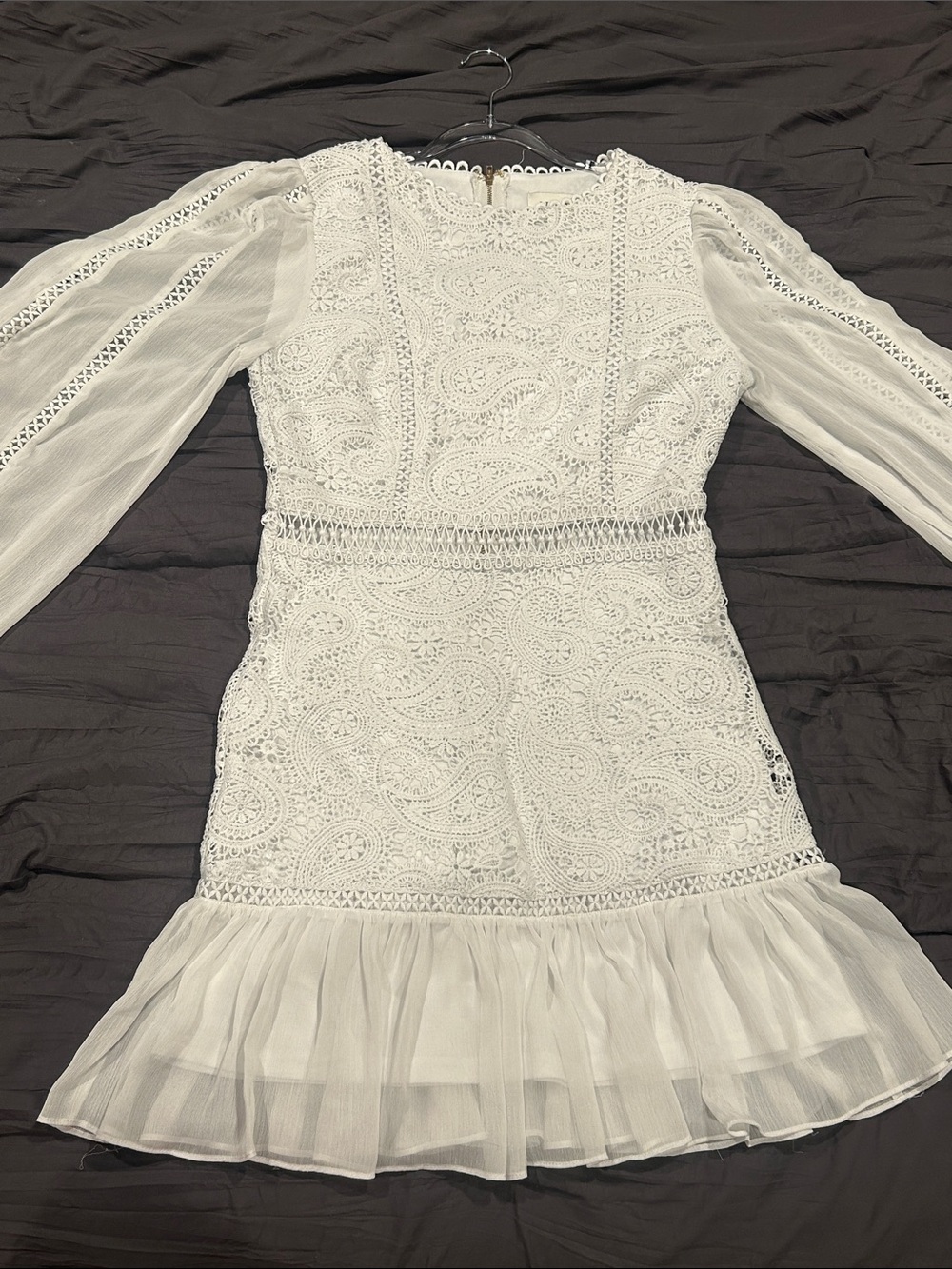 Aura White Lace Long-Sleeve Ruffle-Hem Dress - Picture 15 of 16